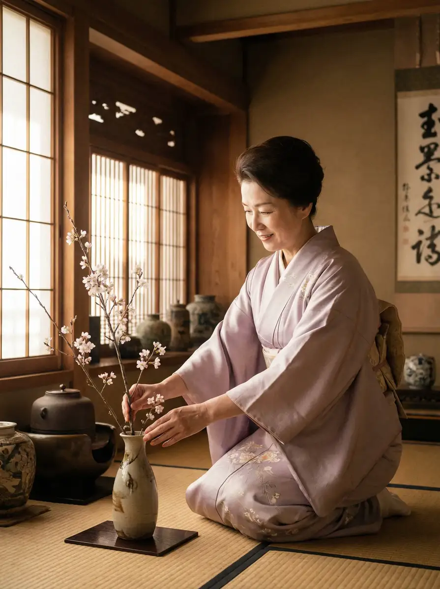 一位优雅的 苹果体育平台 在和室中插花
